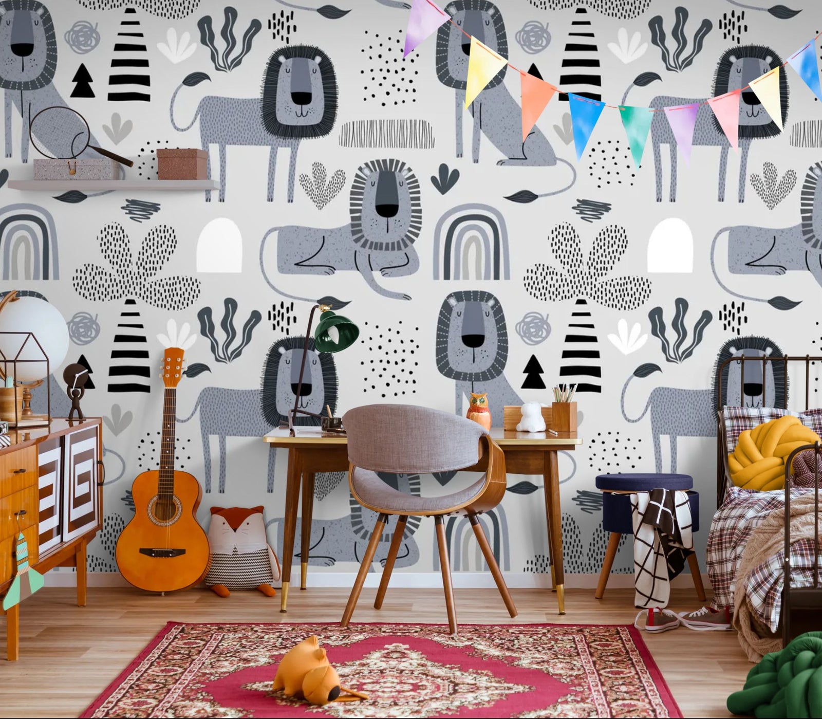 Papier peint Enfant – Motif lions gris style scandinave