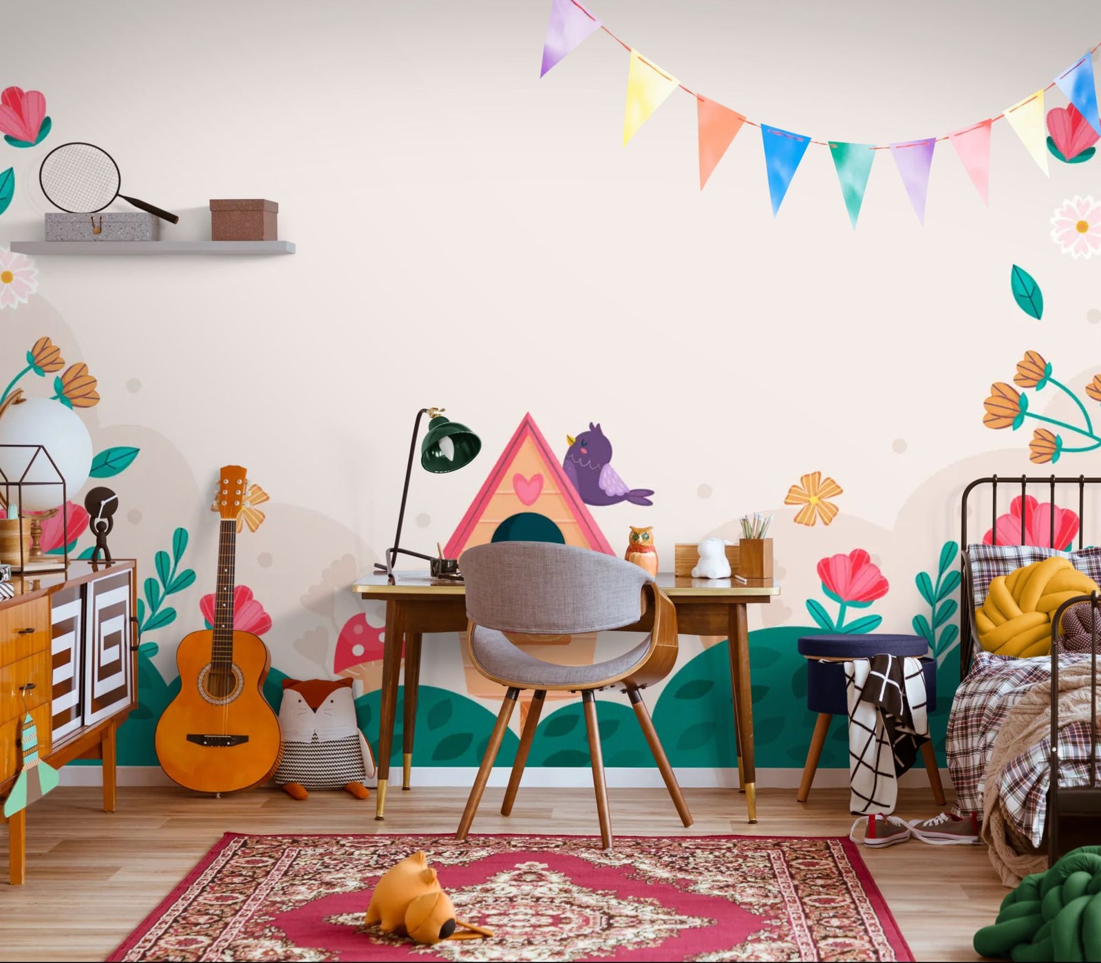 Papier peint Enfant – Nichoir oiseaux et fleurs printemps