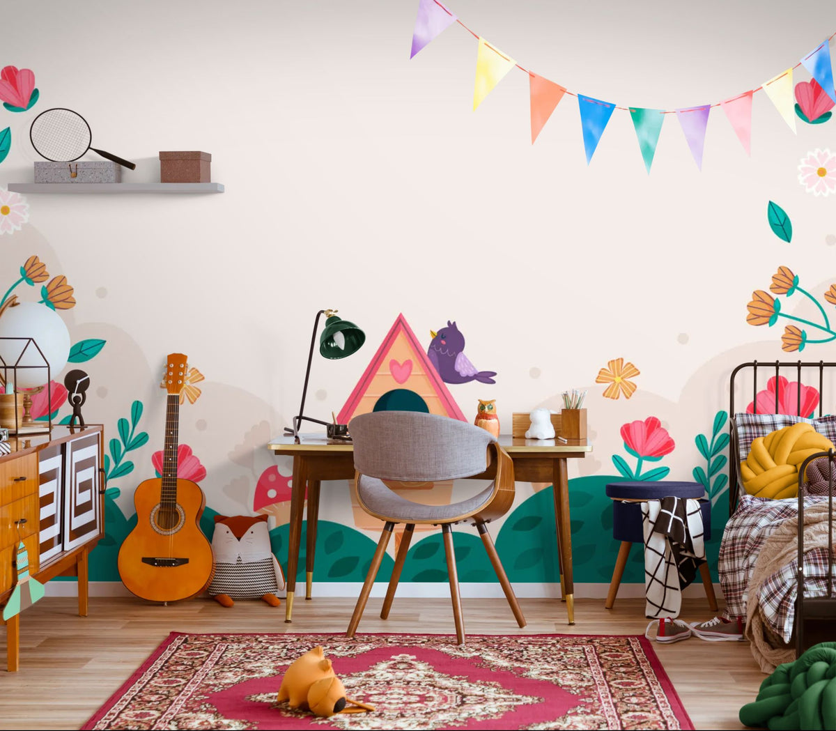 Papier peint enfant - Nichoir et petites fleurs