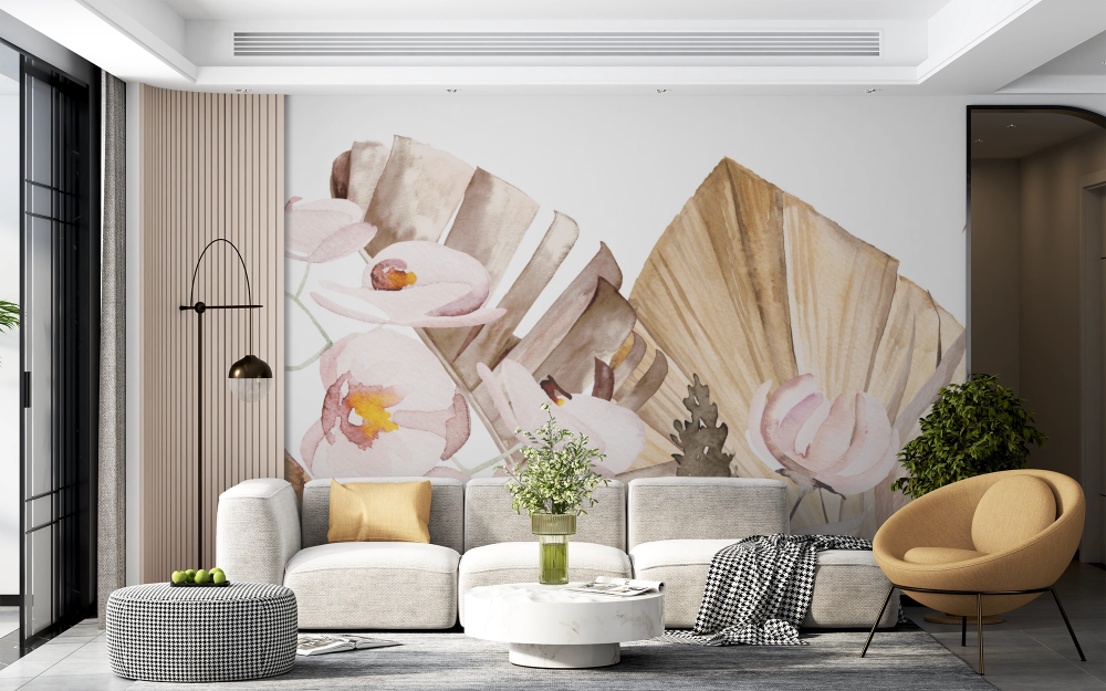 Papier peint fleuri - bouquet de fleurs séchées et orchidées blanches