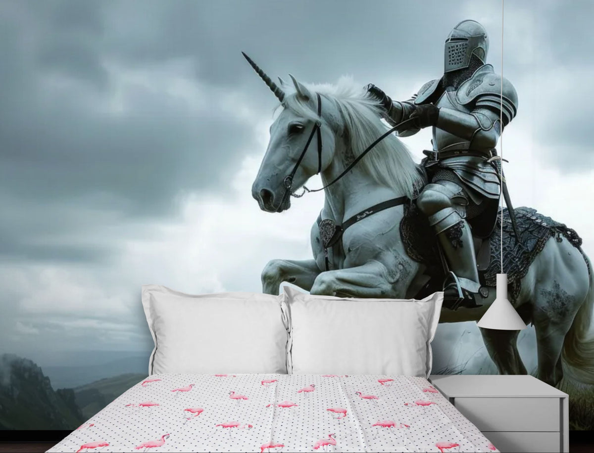 Fantastische Tapete - Ritter auf einem weißen Einhorn