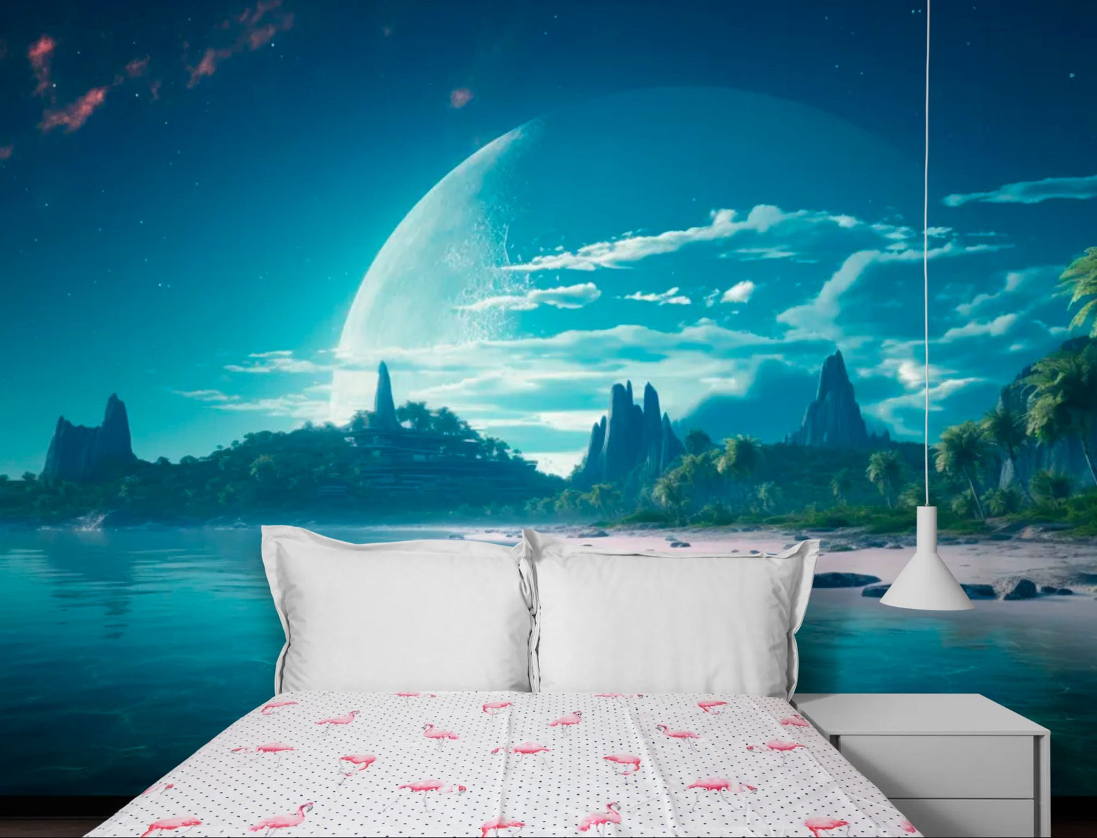 Papier Peint Futuriste - Plage Exoplanète & Lune Géante