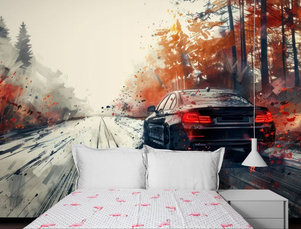 Papier peint voiture - Sportive noire en automne