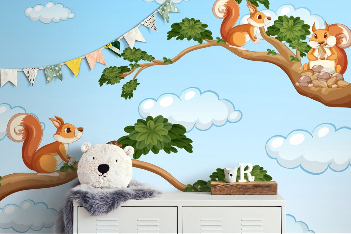 Papier peint enfant - Écureuils sur les branches des arbres