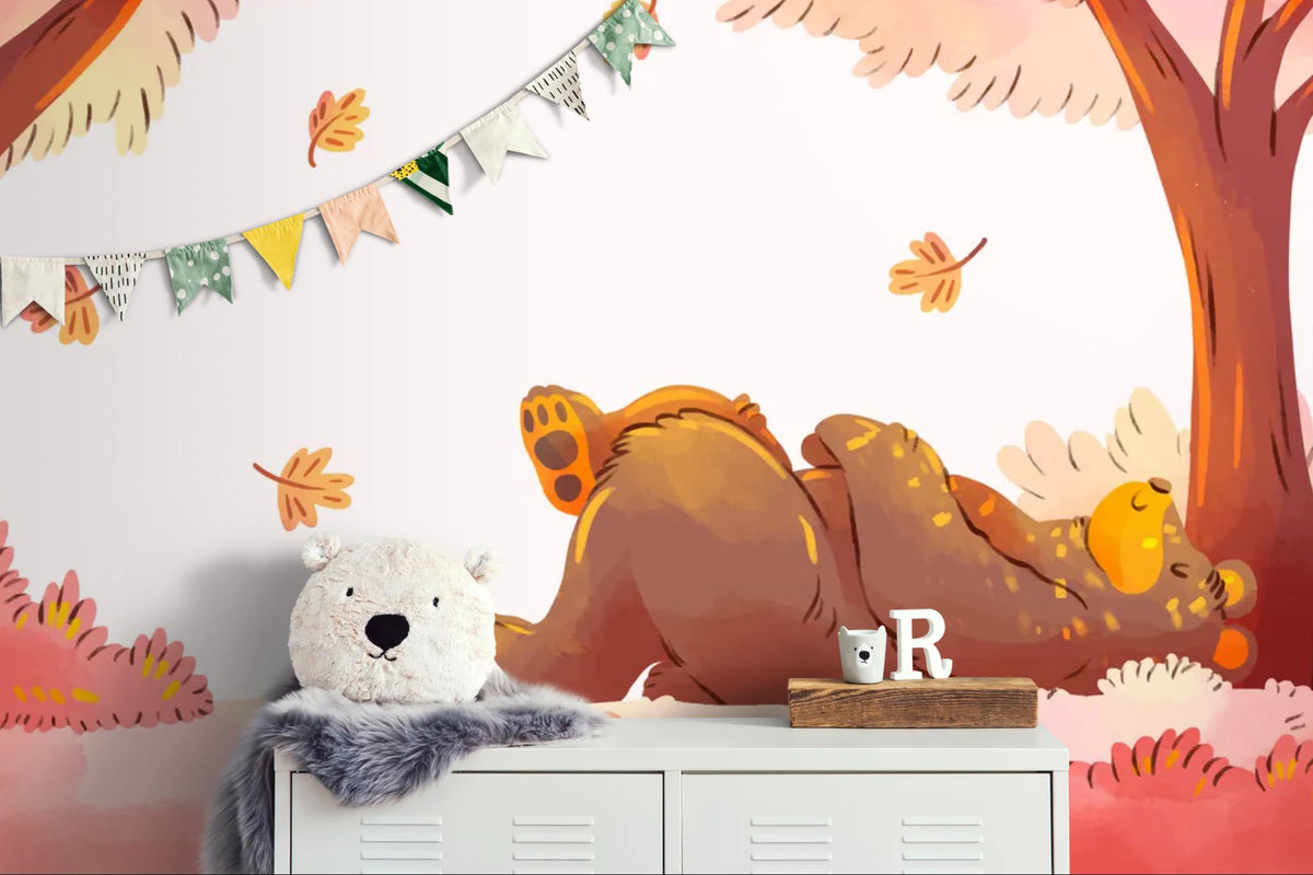 Papier peint enfant - Ours allongés sous les arbres d’automne