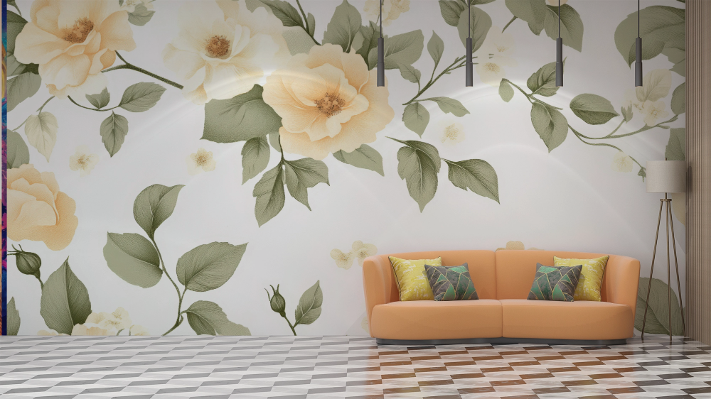 Papier peint fleuri - roses d'antan crème