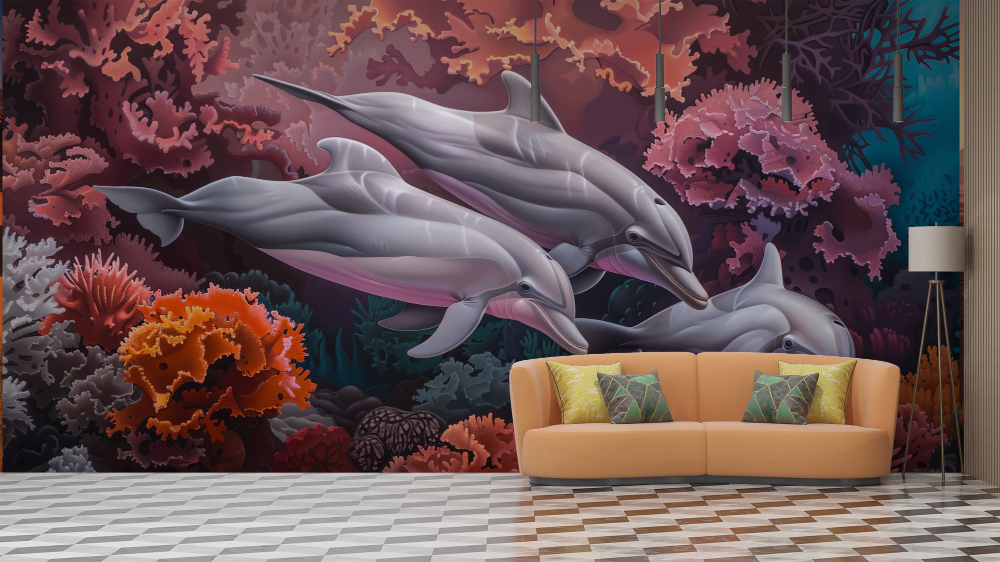 Papier peint animaux - dauphins récif corail