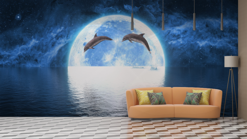 Papier peint animaux - dauphins sous la lune