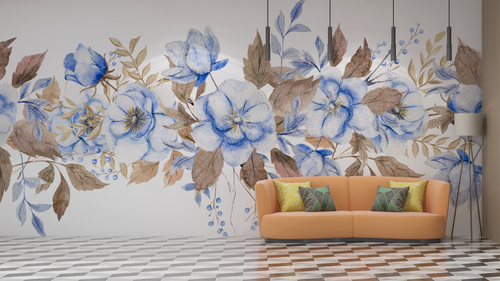 Floral wallpaper - blue flower frieze
