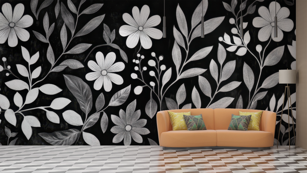 Papier peint fleuri - parterre de marguerites rétro