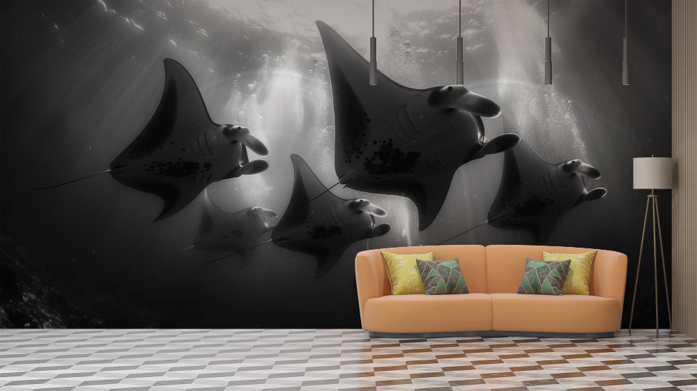 Papier peint animaux - raies manta en noir et blanc