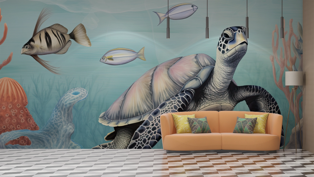 Papier peint animaux - tortue marine et coraux