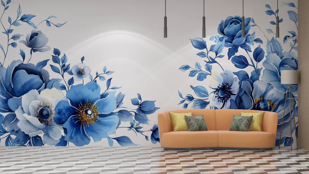 Papier peint fleuri - frise de roses azur