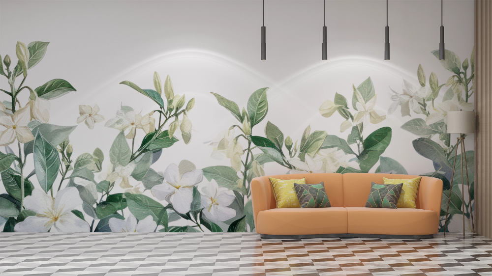 Papier peint fleuri - frise de jasmin blanc