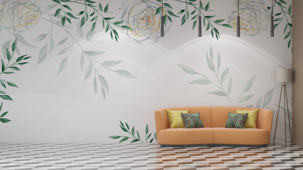 Papier peint fleuri - cadre de roses blanches