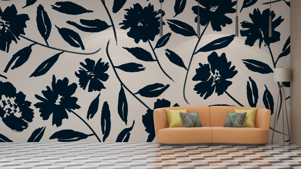 Papier peint fleuri - silhouettes de feuilles noires