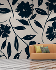 Papier peint fleuri - silhouettes de feuilles noires