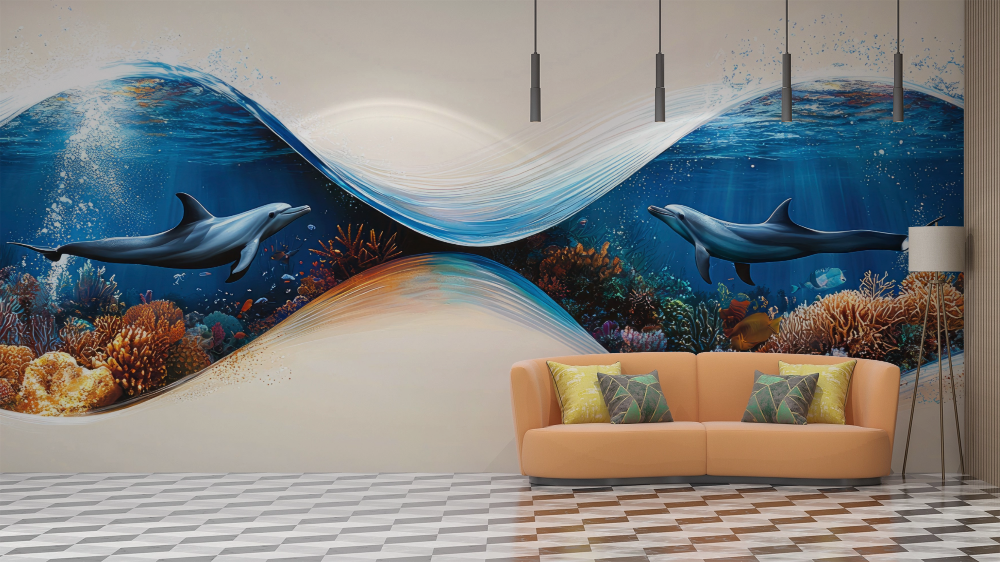 Papier peint animaux - dauphins bleues et coraux