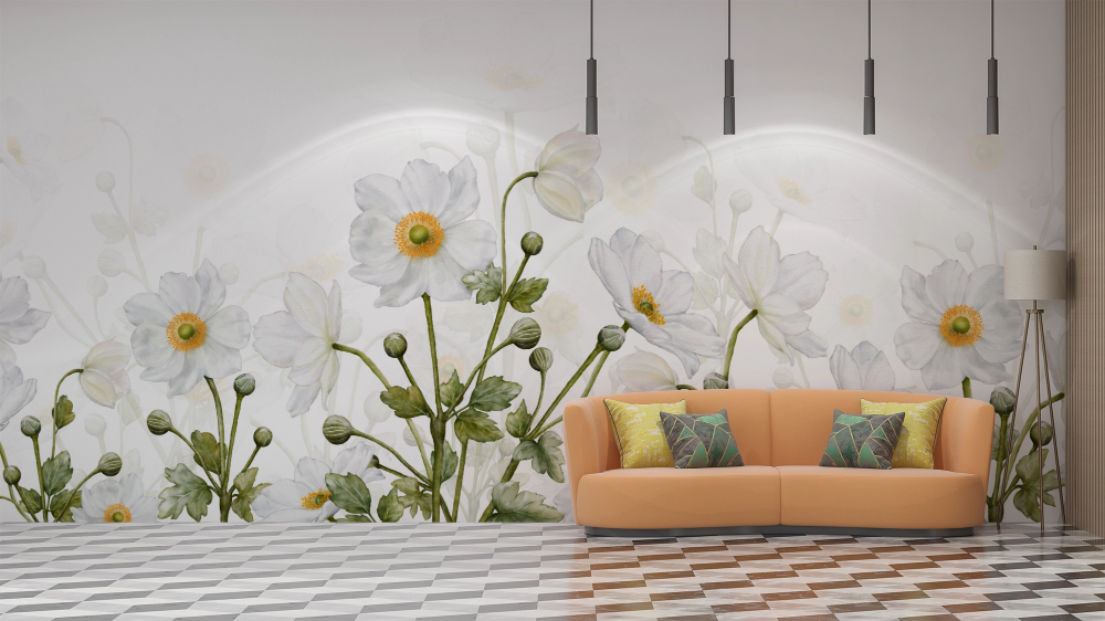 Papier peint fleuri - tapis de marguerites blanches