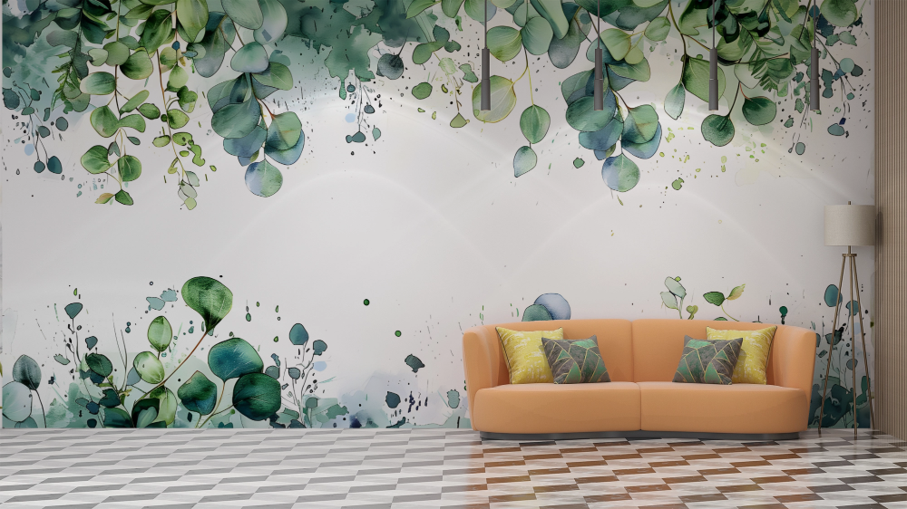 Papier peint fleuri - feuillage d'eucalyptus vert