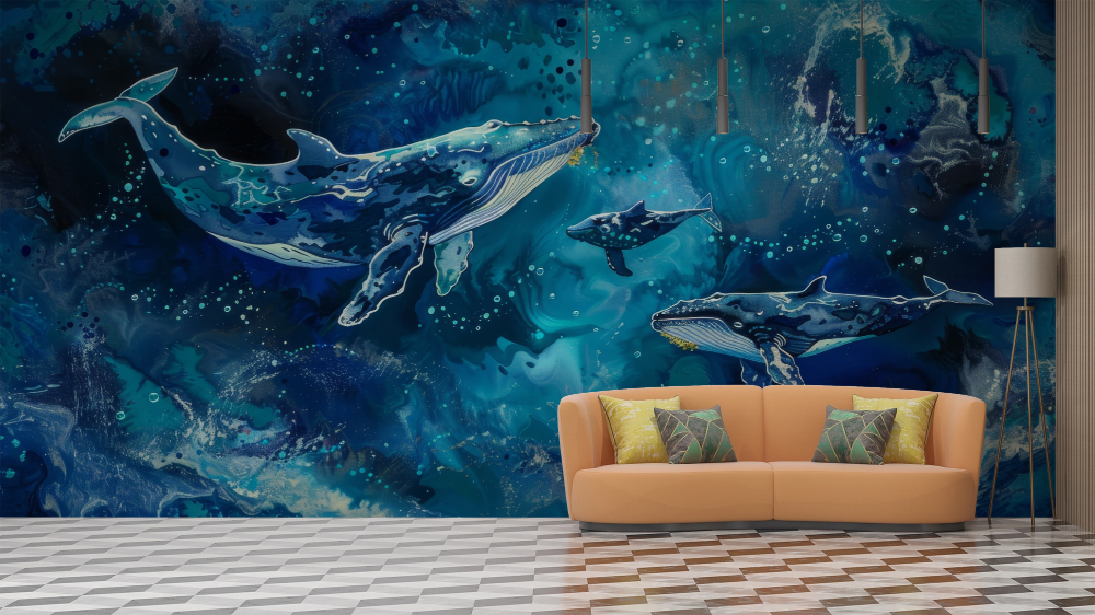 Papier peint animaux - baleines bleues en pleine mer
