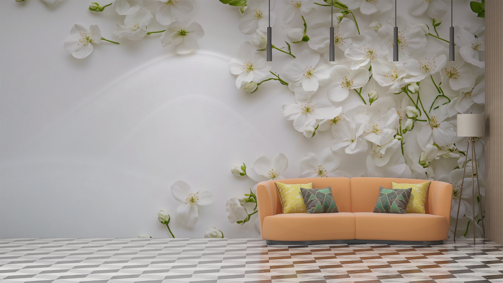 Papier peint fleuri - pétales blancs sur fond crème