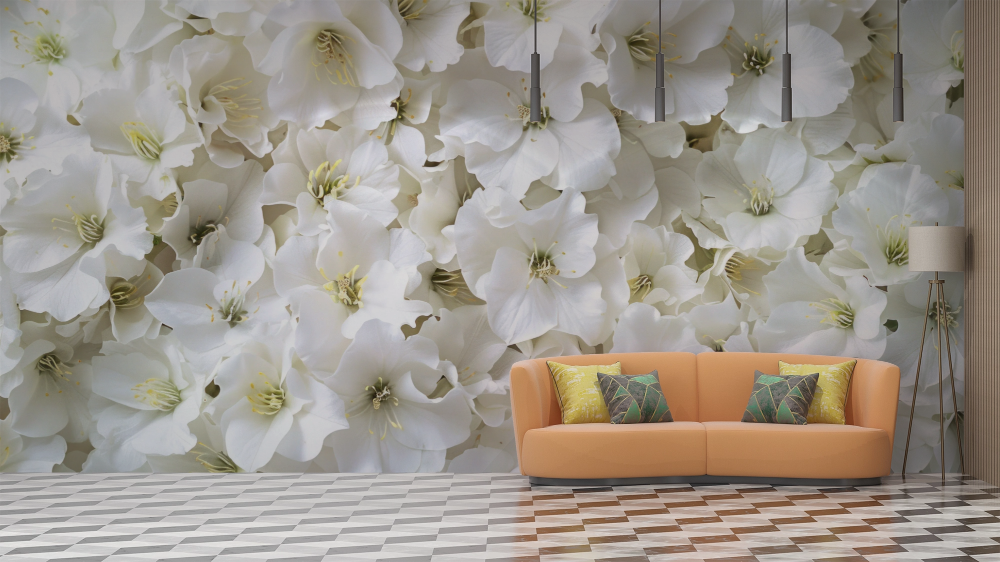 Papier peint fleuri - bouquet d'hortensias blancs