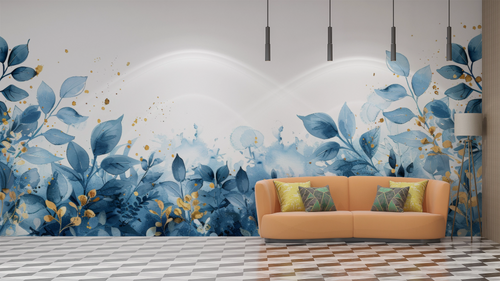 Floral wallpaper - blue and gold watercolor foliage