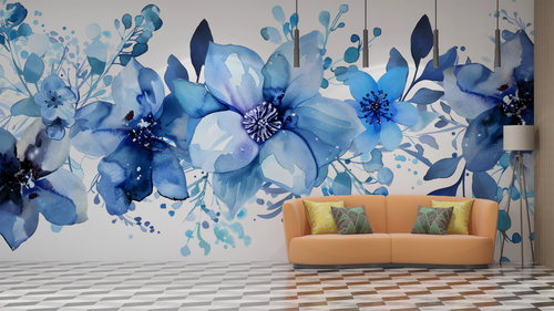Floral wallpaper - blue hydrangeas frieze