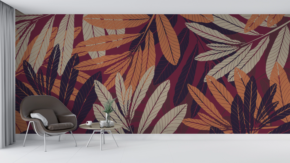 Papier peint nature - grand feuillage exotique marron et beige