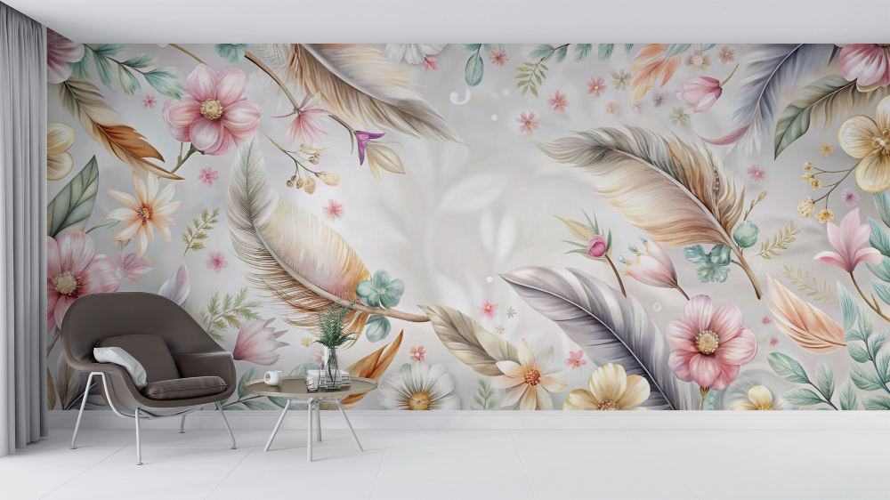 Papier peint boho - plumes et fleurs sauvages pastel