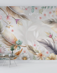 Papier peint boho - plumes et fleurs sauvages pastel