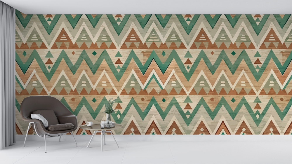 Papier peint géométrique - motifs ethniques et zigzags verts