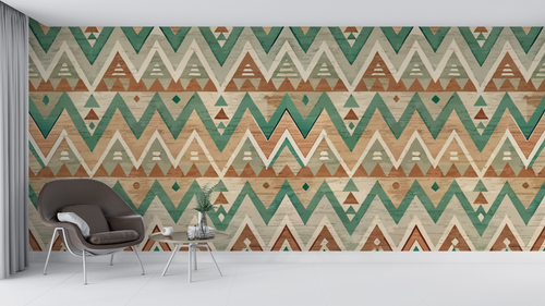 Papier peint géométrique - motifs ethniques et zigzags verts