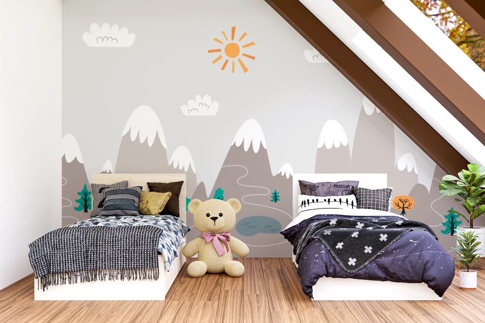 Papier peint enfants - paysage de montagnes grises et petits nuages