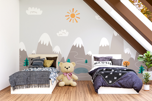 Papier peint enfants - paysage de montagnes grises et petits nuages
