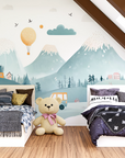 Papier peint enfants - petits camions et sapins pastel