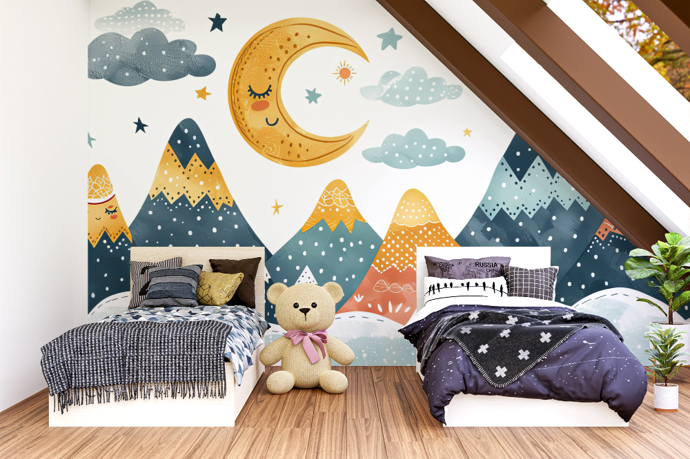Papier peint enfants - croissants de lune et montagnes graphiques