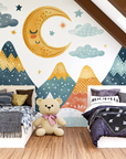 Papier peint enfants - croissants de lune et montagnes graphiques