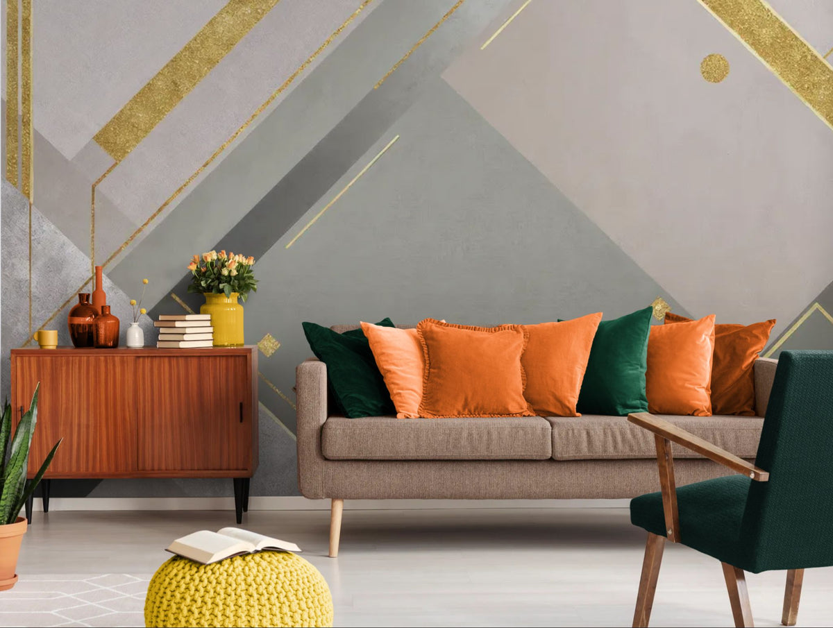 Papier peint géométrique - Composition Art déco aux lignes dorées