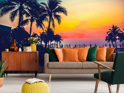 papier peint tropical – palmiers et coucher de soleil