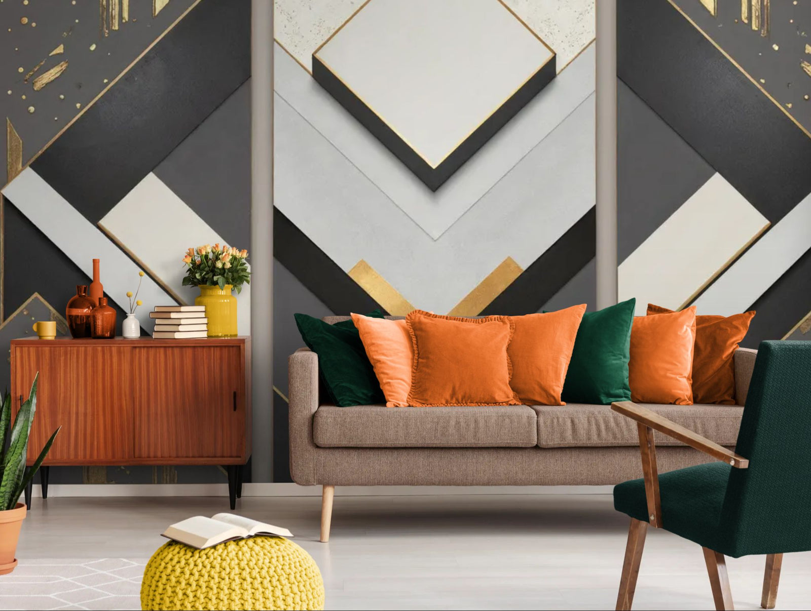 Geometric wallpaper – Black, white and gold