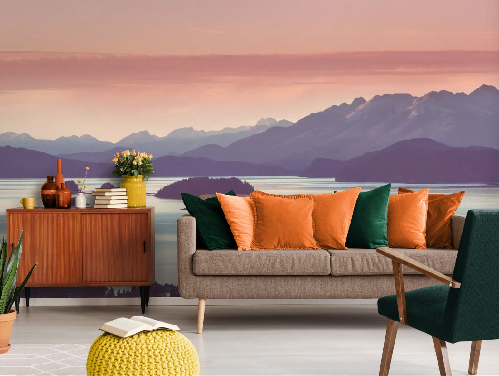 Landscape wallpaper – pastel lake and mountains