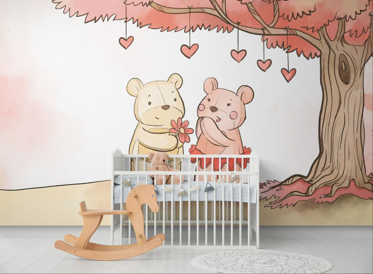 Papier peint enfant - Deux oursons sous un arbre à cœurs