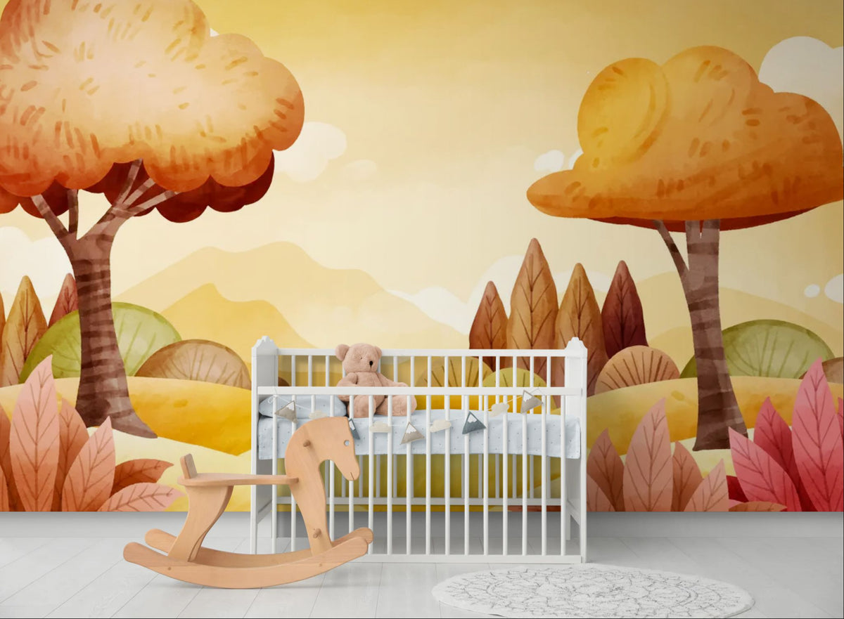 Papier peint enfant - Arbres d'automne dans un paysage illustré