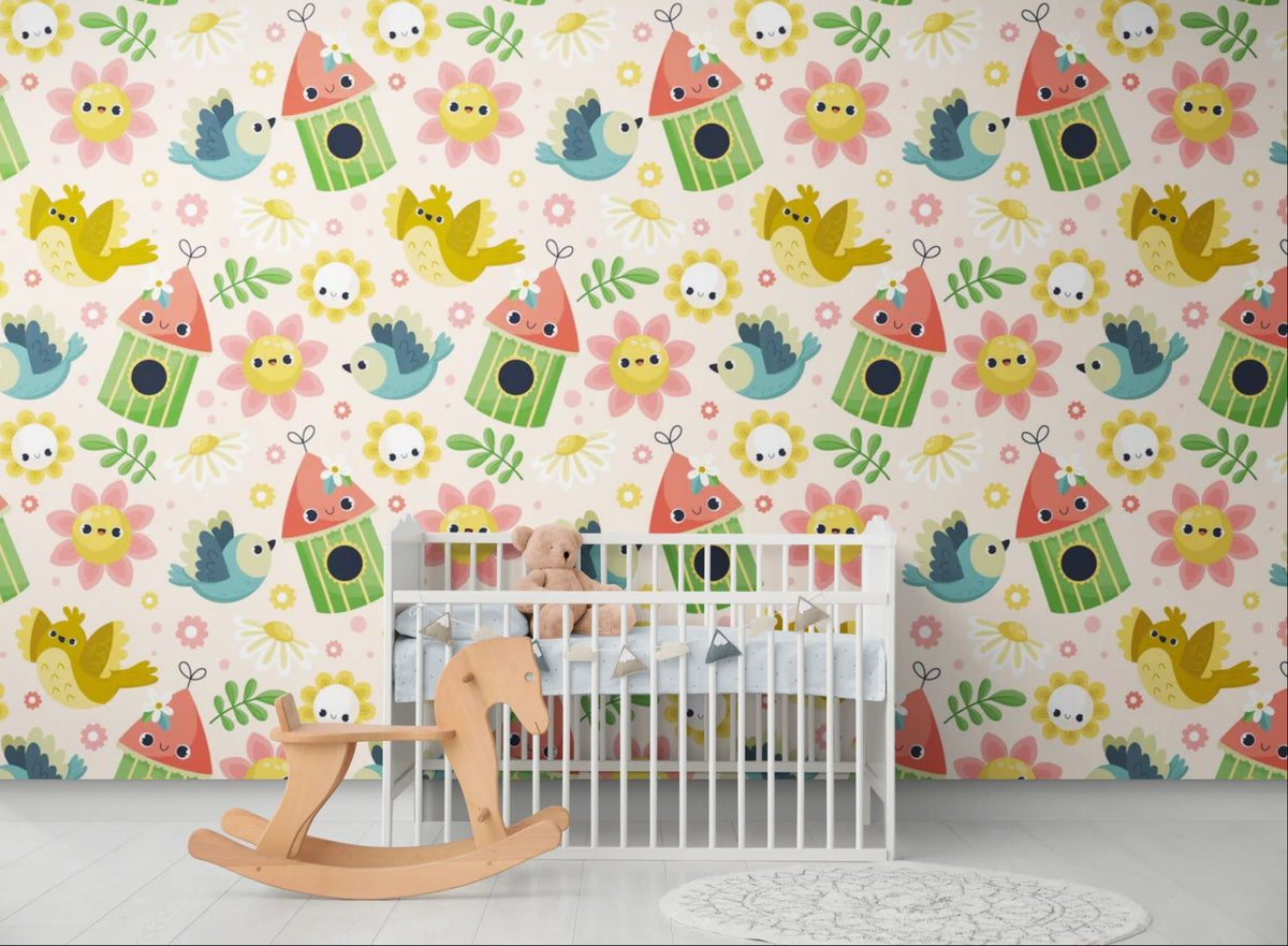Papier peint enfant - Motifs oiseaux et fleurs