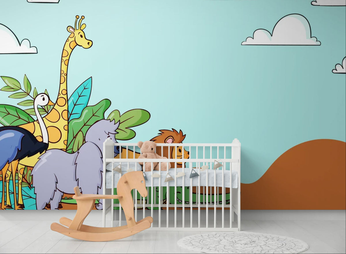 Kinderschilder - Dieren uit de savanne getekend op een blauwe achtergrond