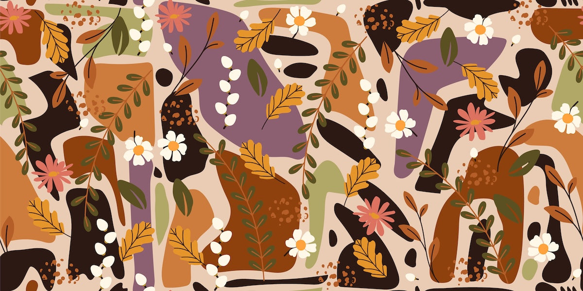 Papier peint boho - patchwork de motifs floraux et feuilles d'automne