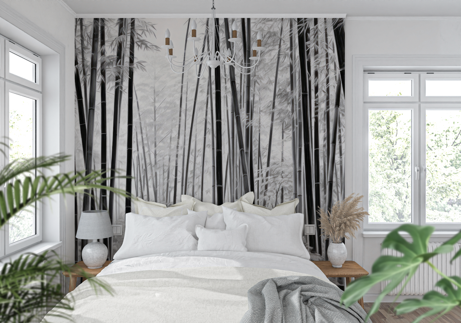 Forest Wallpaper - Black Bamboo on White Background