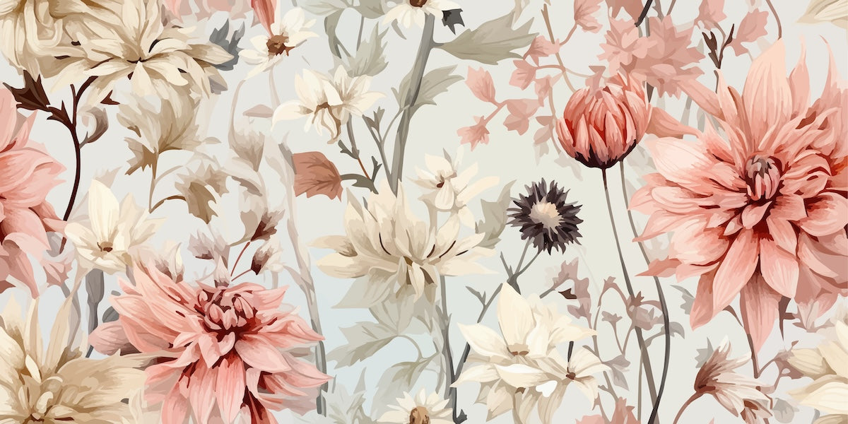 Papier peint fleuri - dahlia pastel rétro